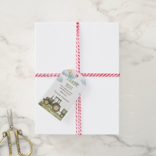 Modern Green Tractor 1st Birthday Party Cadeaulabel (Met Touw)