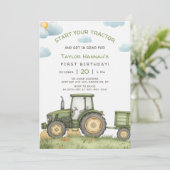 Modern Green Tractor 1st Birthday Party Kaart (Staand voorkant)