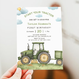 Modern Green Tractor 1st Birthday Party Kaart