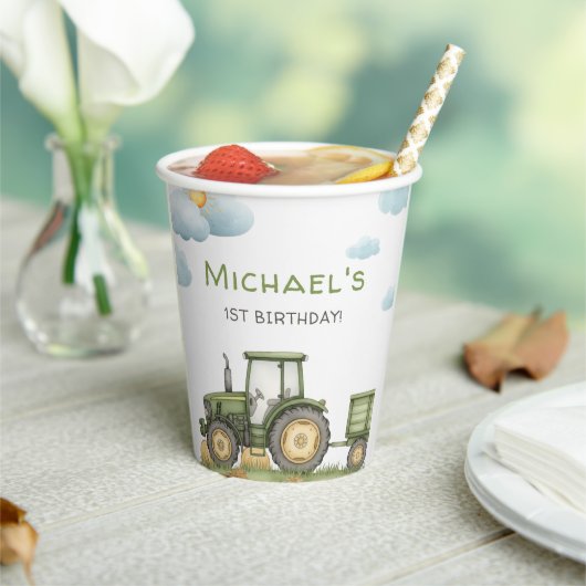 Modern Green Tractor 1st Birthday Party Papieren Bekers (Insitu)