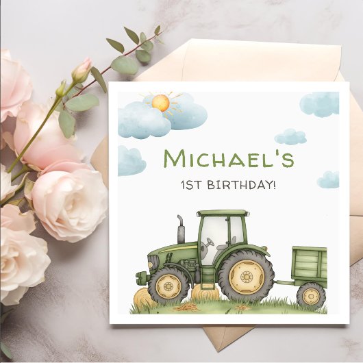 Modern Green Tractor 1st Birthday Party Servet