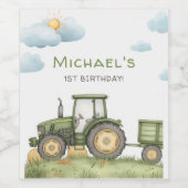 Modern Green Tractor 1st Birthday Party Wijn Etiket (Enkel label)