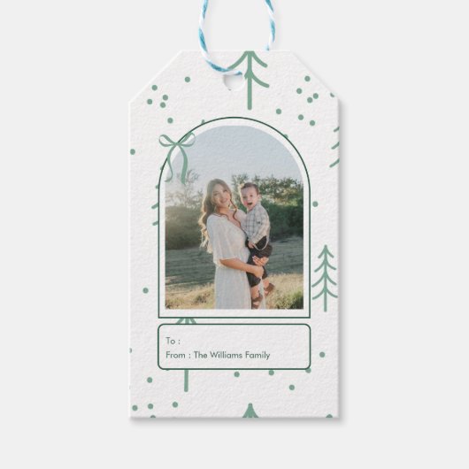 Modern Green Tree Family Photo Holiday Cadeaulabel (Voorkant)