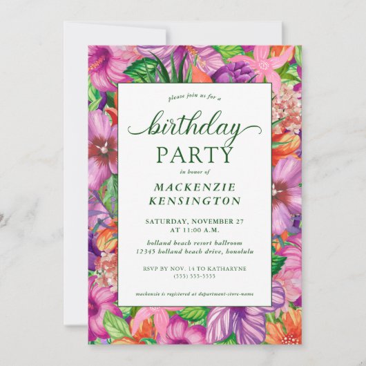 Modern Green Tropical Floral Birthday Party Kaart (Voorkant)