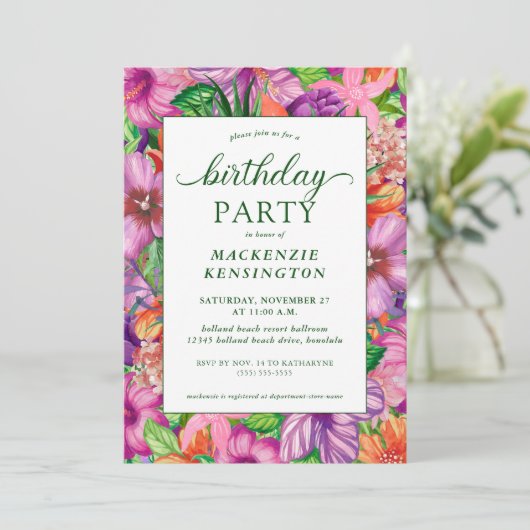 Modern Green Tropical Floral Birthday Party Kaart (Staand voorkant)
