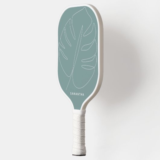 Modern Green Tropical Leaf Line Drawing Name Pickleball Paddle (Links)