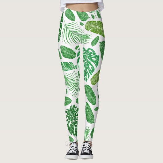 Modern Green Tropical Leafs Pattern Leggings (Voorkant)