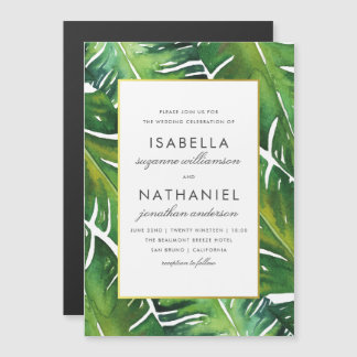 Modern Green Tropical Leaves Wedding Magnetische Uitnodiging