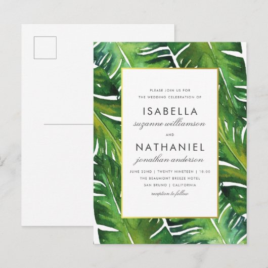 Modern Green Tropical Leaves Wedding Uitnodiging Briefkaart (Voorkant / Achterkant)
