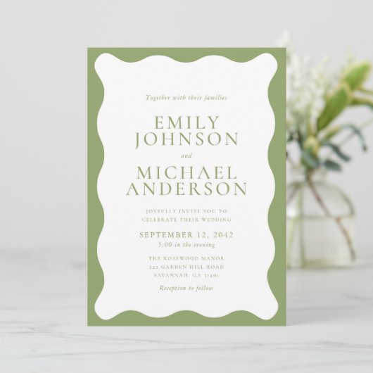 Modern Green Wavy Frame Wedding Invitation Kaart (Staand voorkant)