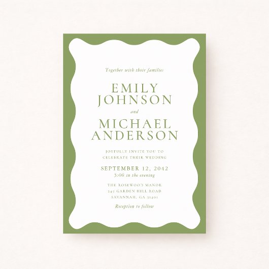 Modern Green Wavy Frame Wedding Invitation Kaart