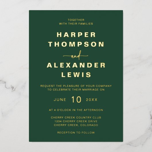 Modern Green Wedding Gold Folie Uitnodiging (Voorkant)