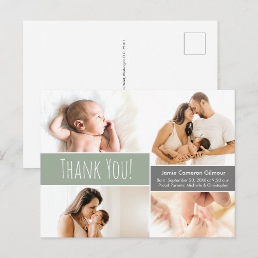 Modern Green Welcome Home Baby Baby Foto Collage T Aankondigingskaart (Voorkant / Achterkant)