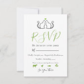 Modern Green White Gingham Cats in Love Weddenscha RSVP Kaartje (Voorkant)