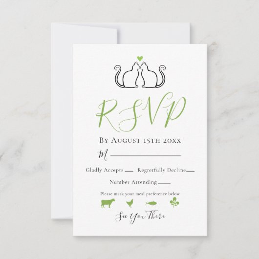Modern Green White Gingham Cats in Love Weddenscha RSVP Kaartje (Voorkant)