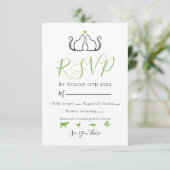 Modern Green White Gingham Cats in Love Weddenscha RSVP Kaartje (Staand voorkant)