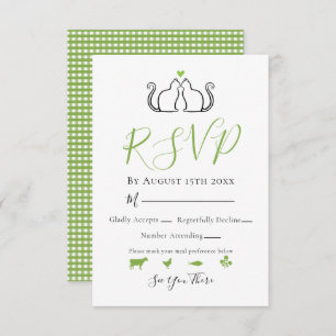 Modern Green White Gingham Cats in Love Weddenscha RSVP Kaartje