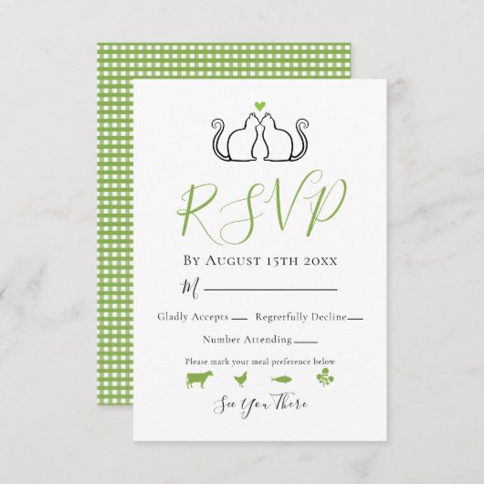 Modern Green White Gingham Cats in Love Weddenscha RSVP Kaartje (Voorkant / Achterkant)