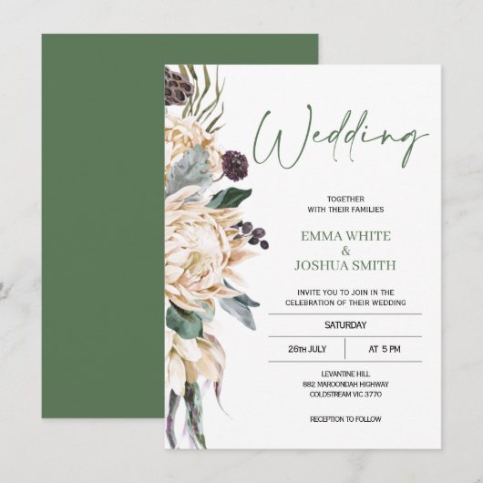 Modern Green White Protea Wedding Invitation Kaart (Voorkant / Achterkant)