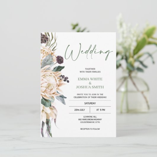 Modern Green White Protea Wedding Invitation Kaart (Staand voorkant)