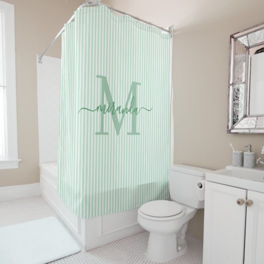 Modern Green & White Stripes Monogram Name Douchegordijn (In situ)