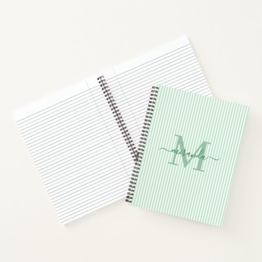 Modern Green & White Stripes Monogram Name Notitieboek (Binnen)