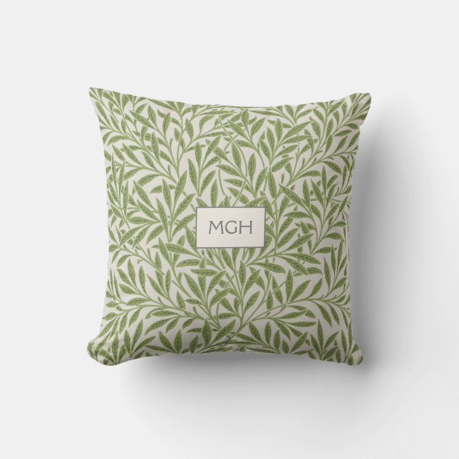 Modern Green Willow Leaves Monogram Kussen (Voorkant)