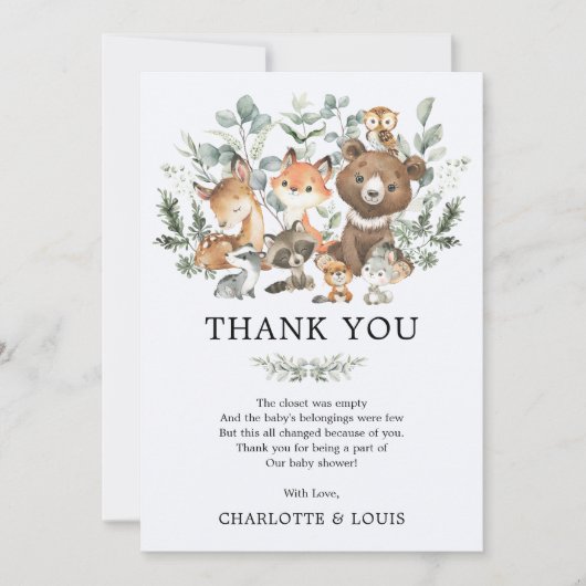 Modern Green Woodland Animals Baby shower Bedankkaart (Voorkant)