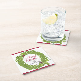 Modern Green Wreath Merry Christmas Personalized Kartonnen Onderzetters