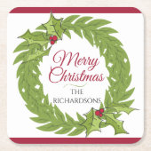 Modern Green Wreath Merry Christmas Personalized Kartonnen Onderzetters (Voorkant)