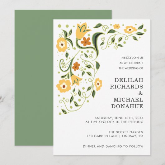 Modern Green Yellow Floral Elegant Wedding Kaart (Voorkant / Achterkant)