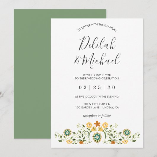 Modern Green Yellow Floral Wedding Kaart (Voorkant / Achterkant)