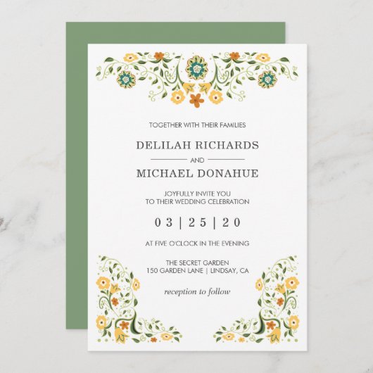 Modern Green Yellow Floral Wedding Kaart (Voorkant / Achterkant)