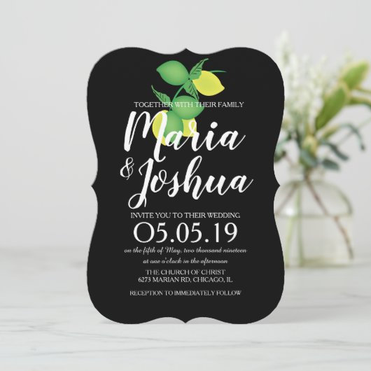 Modern Green Yellow Lemon Seamless Pattern Wedding Kaart (Staand voorkant)