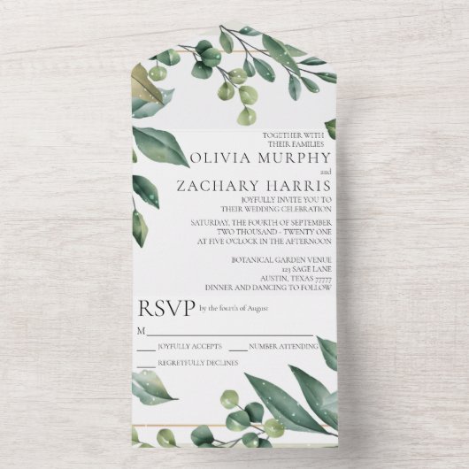 Modern Greenery All in One Wedding Invitation Uitnodiging (Binnen)