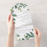 Modern Greenery All in One Wedding Invitation Uitnodiging<br><div class="desc">We houden van dit alles in één trouwuitnodiging. Je hebt niet eens een envelop nodig, je kunt de uitnodiging beveiligen met een coördinerende sticker of zegel! Moderne Greenery nodigt alles-in-één uit met een afscheurbare RSVP-kaart voor uw gasten gemak! De RSVP sectie scheurt weg en kan aan u als briefkaart worden...</div>