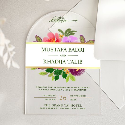 Modern Greenery and Floral Islamic Muslim Wedding Acryl Uitnodigingen