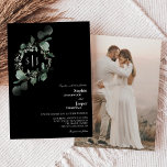 Modern Greenery Black Monogram Foto Weddenschap Kaart<br><div class="desc">Dit moderne zwarte monogram van de fotobruiloft van de groenery het uitnodigingsontwerp van de fotobruiloft kenmerkt gemakkelijke mengeling en past coördinerende stijlen in zwart-wit aan met delicate groene elementen die een grijze bloei rond eenvoudige, geavanceerde typografie en heerlijk minimaal kalligrafiescript toevoegen. De waterverf eucalyptus en andere botanische bladeren zijn prachtig...</div>