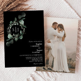 Modern Greenery Black Monogram Foto Weddenschap Kaart