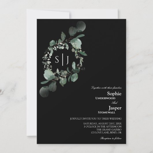 Modern Greenery Black Monogram Foto Weddenschap Kaart (Voorkant)