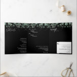 Modern Greenery Black Tri-Fold Wedding Invitation Drieluik Uitnodiging<br><div class="desc">Deze moderne zwarte drieledige huwelijksuitnodiging biedt een eenvoudige mix en past de coördinerende stijlen in zwart-wit aan met delicate groene elementen, waardoor de brutale bloei rond eenvoudige, gesofisticeerde typografie en een prachtig, minimaal kalligrafiescript wordt bevorderd. De waterverf eucalyptus en andere botanische bladeren zijn prachtig doorheen, met donkere smaragd in een...</div>