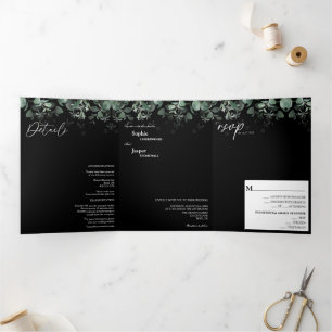 Modern Greenery Black Tri-Fold Wedding Invitation Drieluik Uitnodiging