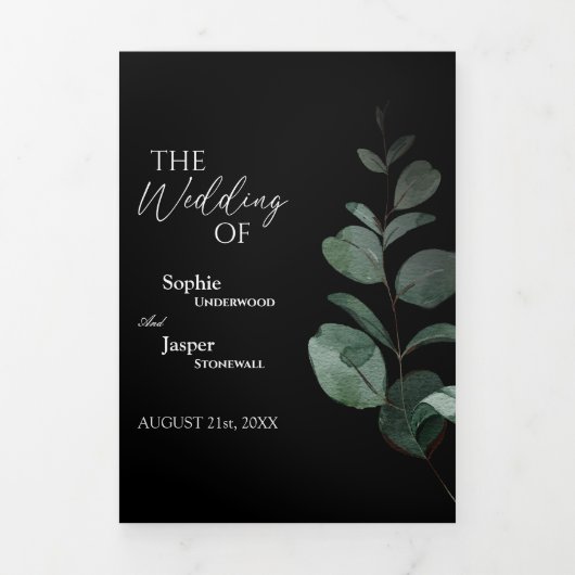 Modern Greenery Black Tri-Fold Wedding Invitation Drieluik Uitnodiging (Cover)