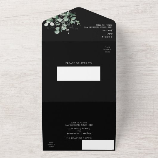 Modern Greenery Black Wedding All In One Uitnodiging (Buitenkant)