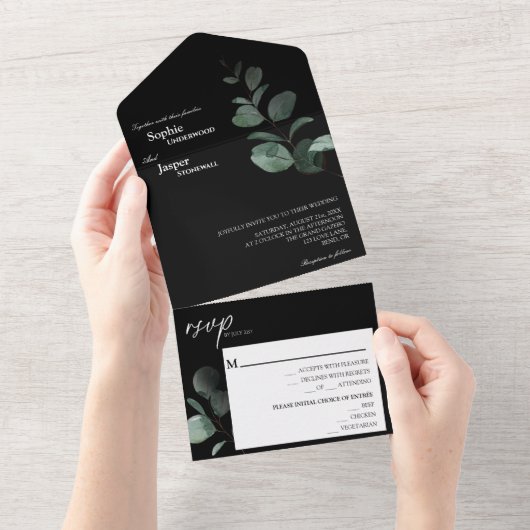 Modern Greenery Black Wedding All In One Uitnodiging (Afscheurbaar)