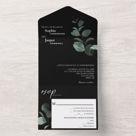 Modern Greenery Black Wedding All In One Uitnodiging (Binnen)