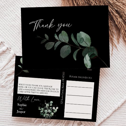 Modern Greenery Black Wedding Bedankt Briefkaart