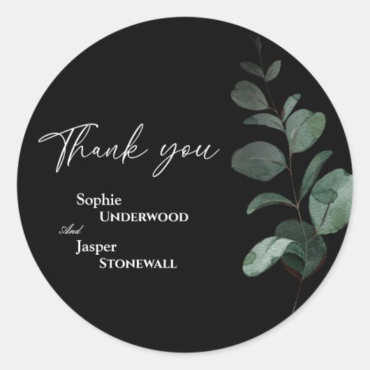 Modern Greenery Black Wedding Dank je Sticker (Voorkant)