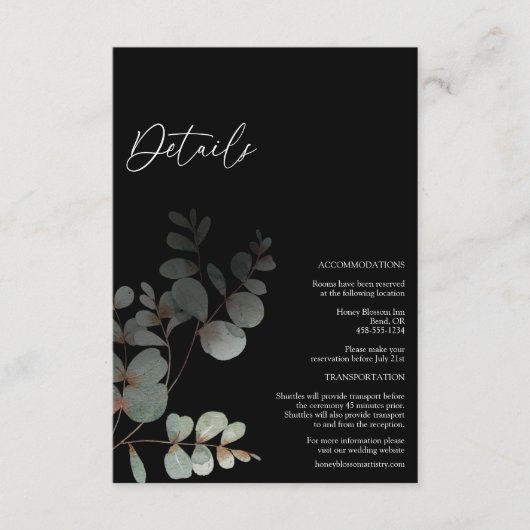 Modern Greenery Black Wedding Details Informatiekaartje (Voorkant)