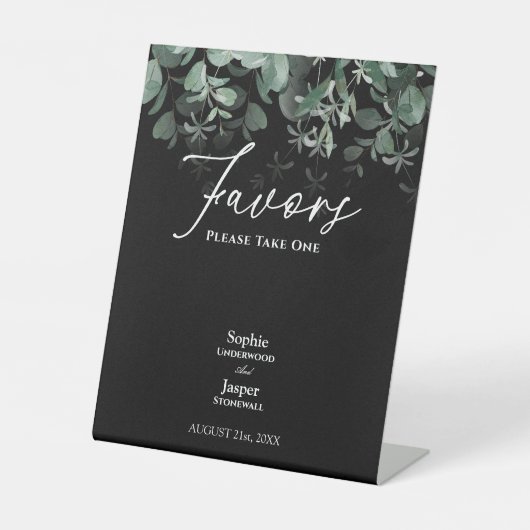 Modern Greenery Black Wedding Favors Reclamebord Met Voetstuk (Voorkant)